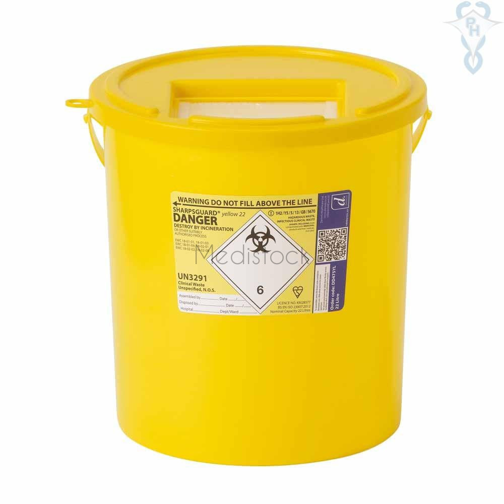 Sharps Bin 22L, Yellow Lid, 10 Box-Medistock Medical Supplies